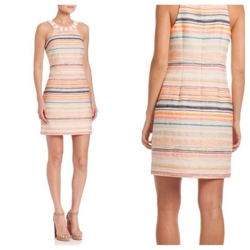 NWT TRINA TURK MultiColor Aptos Jacquard Striped Beaded Neck Mini Dress Size 8